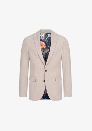 Helle beige Blazer mit einer Brusttasche, zwei Fronttaschen und zwei braunen Knöpfen. Futter mit floralen Mustern in dunklen Farbtönen.
