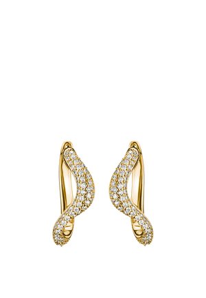 Paar goldene, gebogene Ohrringe, besetzt mit kleinen runden weißen Diamanten in wellenartigem, gedrehtem Design.