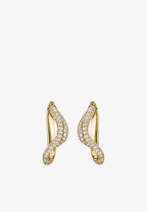 Paar goldene, gebogene Ohrringe, besetzt mit kleinen runden weißen Diamanten in wellenartigem, gedrehtem Design.