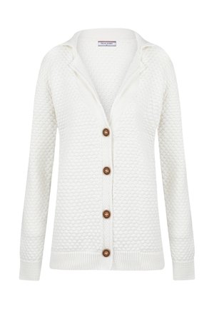 Cardigan blanc texturé avec un col en V, devant boutonné et manches à bords côtes. Il présente des boutons en bois et un design décontracté.