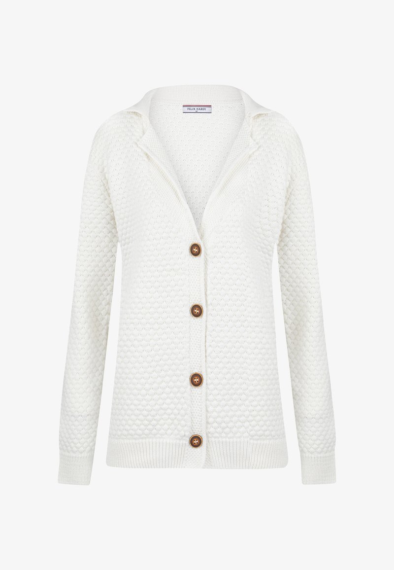 Bílý, texturovaný kardigan s výstřihem do V, zapínáním na knoflíky vpředu a žebrovanými manžetami. Obsahuje dřevěné knoflíky a volnější střih.