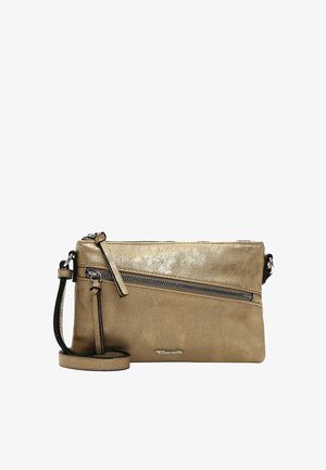 Borsa a tracolla in oro metallizzato con tasca con zip, finitura testurizzata e tracolla staccabile; presenta un marchio discreto sul davanti.