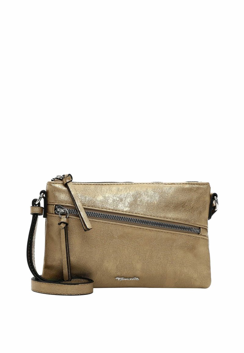Borsa a tracolla in oro metallizzato con tasca con zip, finitura testurizzata e tracolla staccabile; presenta un marchio discreto sul davanti.