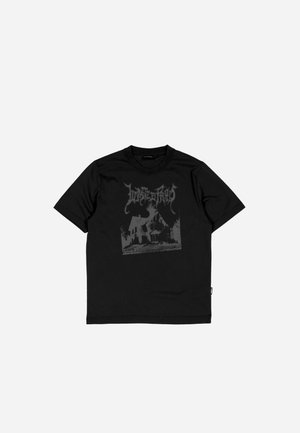 Black cotton t-shirt featuring a gray graphic design of a house and trees on the front, short sleeves, and a crew neckline.