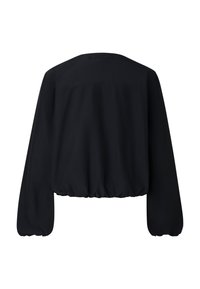 Czarna krótka bluzka z długimi rękawami i elastycznym dołem. Gładka tkanina o minimalistycznym designie, z prostym szwem z tyłu.