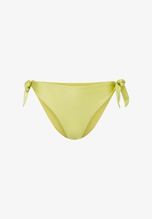 Jasnożółty dół bikini z wiązaniami po obu stronach, wykonany z gładkiego materiału. Oferuje umiarkowane krycie i klasyczny kształt.
