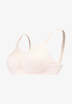 Lichtroze beha met een gladde stoftextuur, zachte cups, verstelbare bandjes en een driehoekige gaasdetail aan de zijkant voor ademend vermogen.