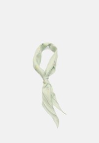 Foulard en soie vert clair avec des motifs floraux aux tons pastel, présentant des lignes délicates et un éclat doux. Noué en un nœud pour l'exposition.