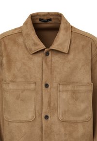 Camicia in suede marrone con bottoni, colletto e due tasche a toppa frontali, etichettata taglia large.