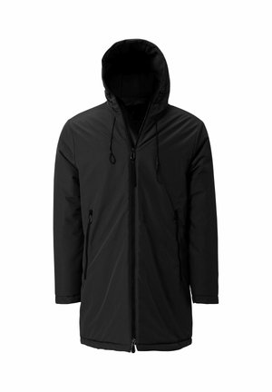 Veste isolante noire avec une capuche, dotée d'une fermeture éclair avant complète, de cordons de serrage réglables et de deux poches latérales. Texture lisse.