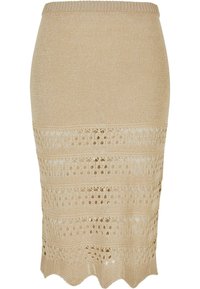 Beige Bleistiftrock aus Strick mit Häkelmuster. Verfügt über einen gewellten Saum und einen strukturierten Stoff, der eine figurbetonte Silhouette bietet.