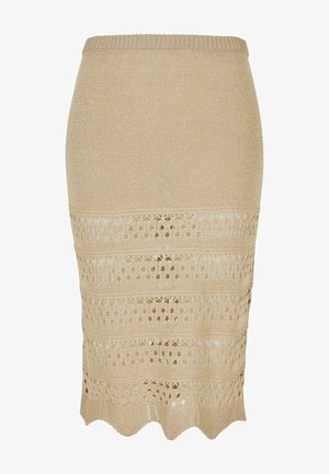 Beige Bleistiftrock aus Strick mit Häkelmuster. Verfügt über einen gewellten Saum und einen strukturierten Stoff, der eine figurbetonte Silhouette bietet.
