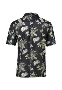 Camicia nera a maniche corte caratterizzata da un motivo floreale tropicale in verde e bianco, realizzata in tessuto leggero e con design a colletto.