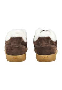 Pair of brown suede shoes with white fur lining and beige soles, viewed from the back, showing "LIU·JO" branding on soles.