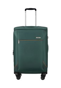 Valigia morbida di colore verde scuro con manico telescopico, tasca davanti con zip e quattro ruote girevoli multidirezionali.