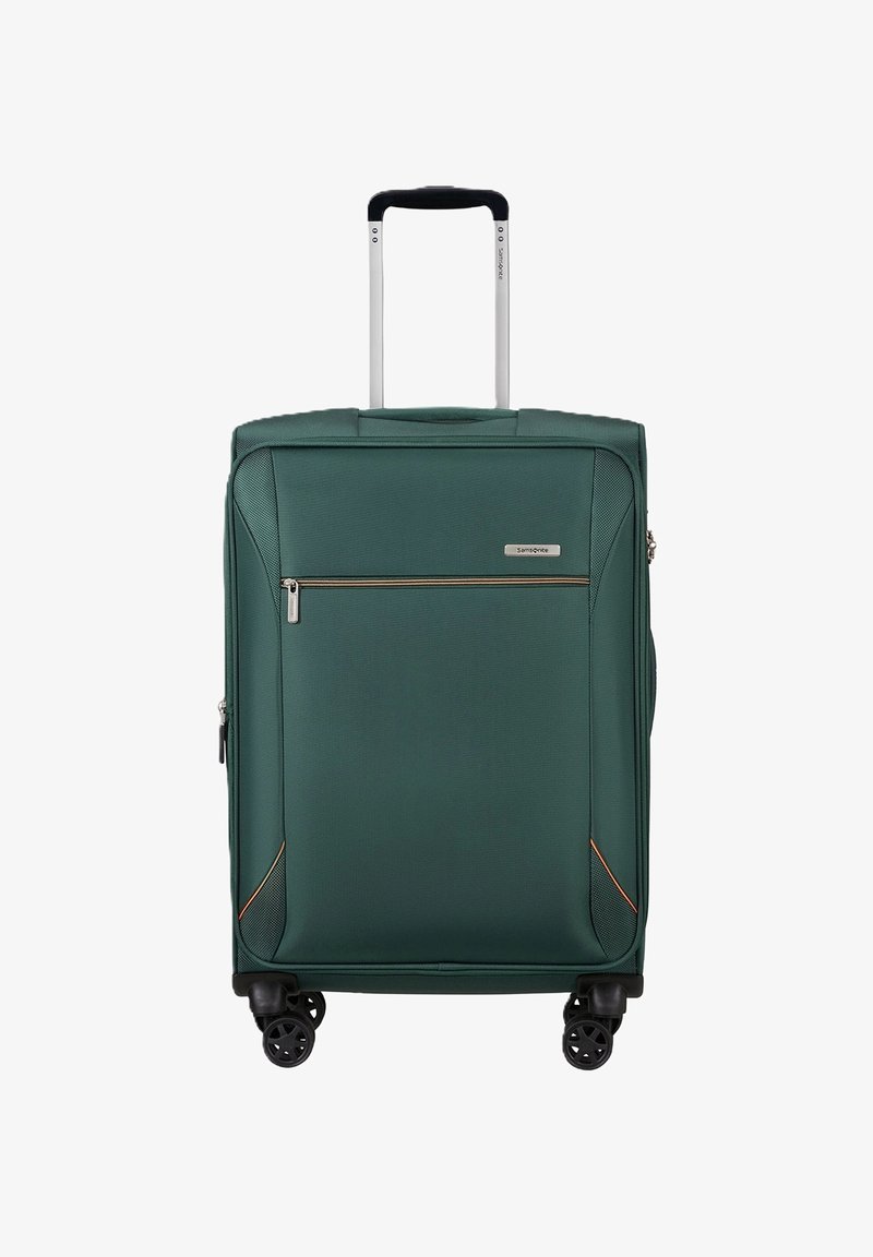Valigia morbida di colore verde scuro con manico telescopico, tasca davanti con zip e quattro ruote girevoli multidirezionali.