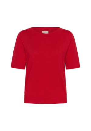 Red short-sleeve top with a round neckline. Made of soft fabric, it features a relaxed fit and seamless shoulders for comfort.