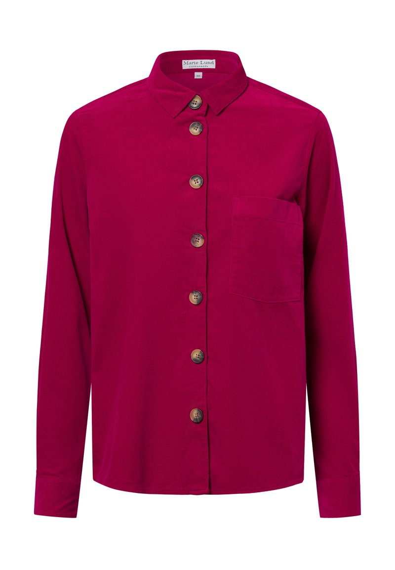Fuchsia long-sleeve shirt with a button-down front, featuring brown buttons and a single chest pocket; made from soft fabric.