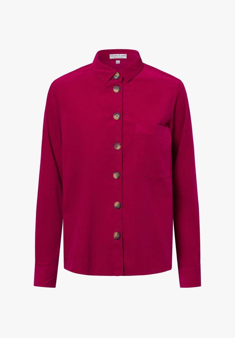 Fuchsia long-sleeve shirt with a button-down front, featuring brown buttons and a single chest pocket; made from soft fabric.