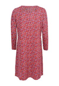 Rotes Kleid mit einem gepunkteten Muster in verschiedenen Farben, runder Halsauschnitt und dreiviertellangen Ärmeln, aus leichtem Stoff gefertigt.