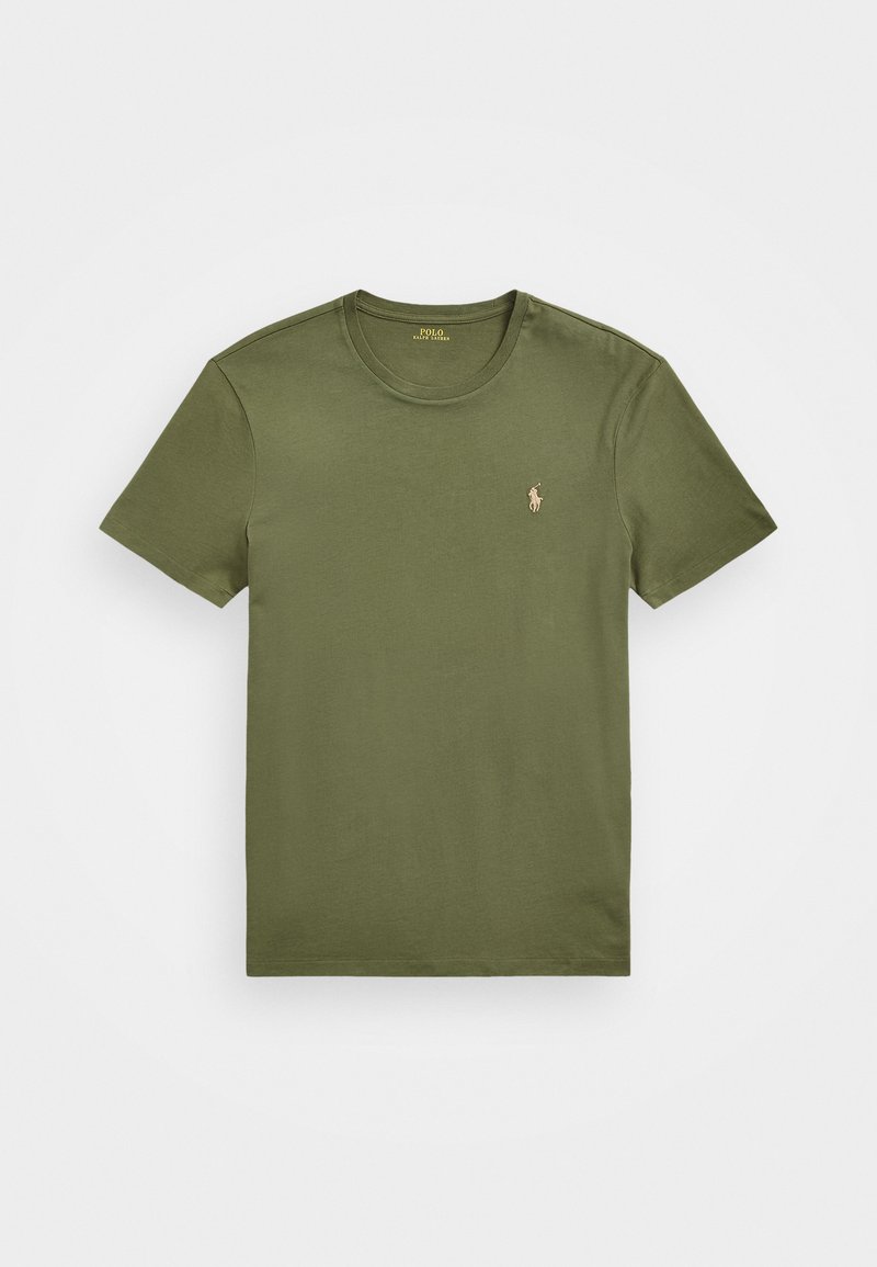 T-shirt vert olive à manches courtes avec un petit logo Polo Ralph Lauren beige brodé sur la poitrine gauche.