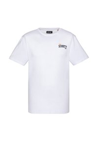 Camiseta de algodón blanca con mangas cortas, cuello redondo y un logotipo impreso en azul marino y amarillo en el lado izquierdo del pecho.