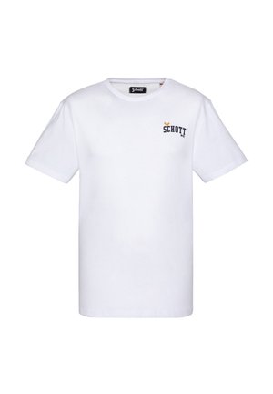Witte katoenen t-shirt met korte mouwen, ronde hals en een geprinte logo in marineblauw en geel op de linkerkant van de borst.