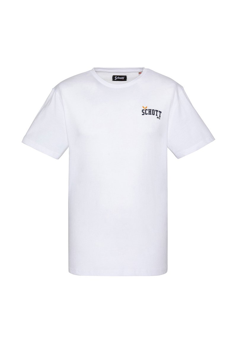 Camiseta de algodón blanca con mangas cortas, cuello redondo y un logotipo impreso en azul marino y amarillo en el lado izquierdo del pecho.