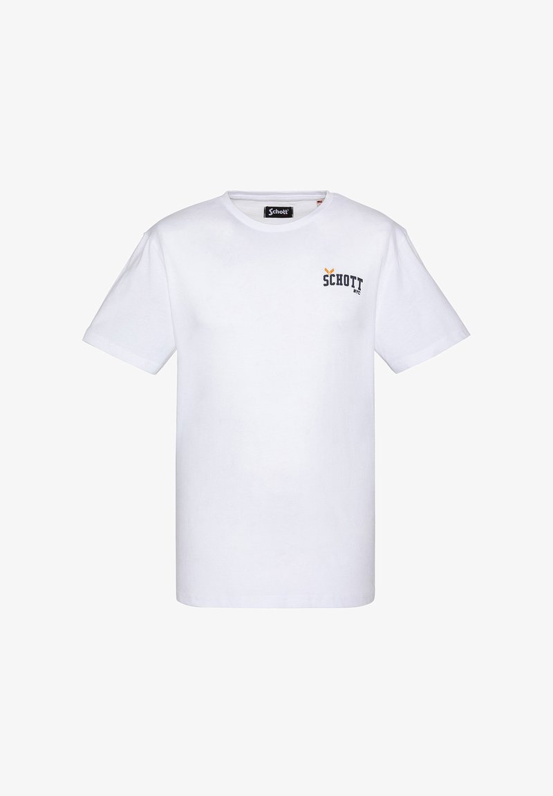 Camiseta de algodón blanca con mangas cortas, cuello redondo y un logotipo impreso en azul marino y amarillo en el lado izquierdo del pecho.