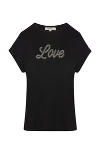 Camiseta negra de manga corta con cuello redondo, con la palabra "Love" en strass en el frente. Tejido suave con un ajuste holgado.