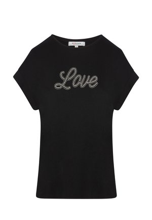 Camiseta negra de manga corta con cuello redondo, con la palabra "Love" en strass en el frente. Tejido suave con un ajuste holgado.
