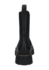 Bota de cuero negra hasta el tobillo con punta redondeada, paneles laterales elásticos y una tira de agarre. Incluye una suela de goma gruesa y costuras decorativas.