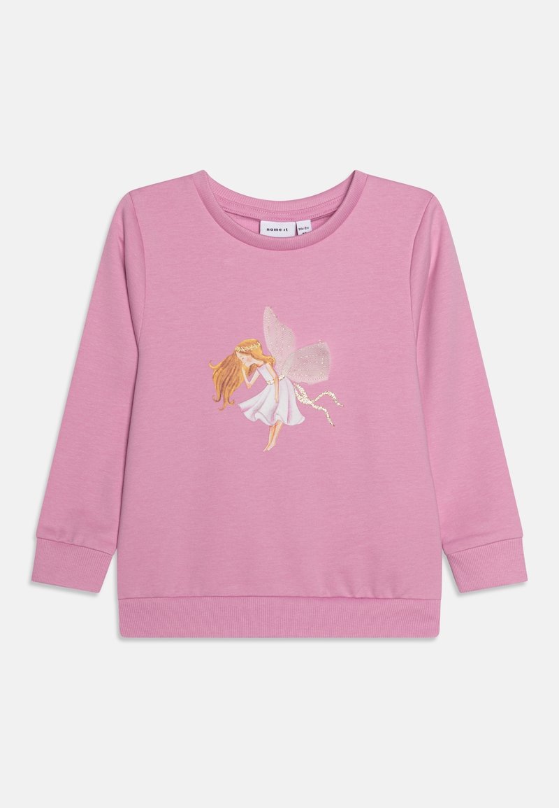 Sweat-shirt enfant à manches longues rose avec un motif de fée aux longs cheveux, vêtue d'une robe blanche et dotée d'ailes scintillantes sur le devant.