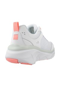 White athletic shoe with a textured upper and pink accents. Features a thick sole and a contrasting pull tab at the heel.
