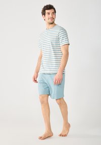 Gestreiftes kurzärmeliges Baumwoll-T-Shirt in Hellblau und Weiß, kombiniert mit einfarbigen hellblauen Shorts, barfuß getragen. Lässige Kleidung.
