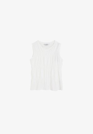 Weiße ärmellose Bluse mit rundem Ausschnitt und gerafften Stoffdetails an Vorderseite und Seiten.