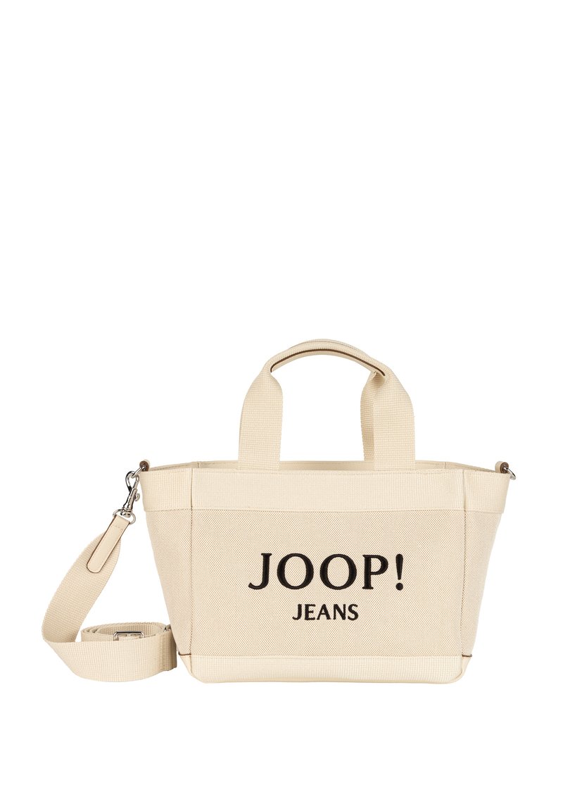 Beżowa torba typu tote wykonana z płótna, z krótkimi uchwytami i odpinanym paskiem na ramię, z czarnym logo "JOOP! JEANS" na przodzie.