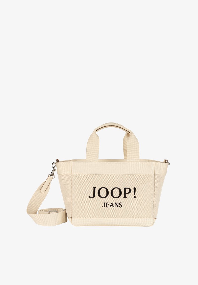 Beżowa torba typu tote wykonana z płótna, z krótkimi uchwytami i odpinanym paskiem na ramię, z czarnym logo "JOOP! JEANS" na przodzie.