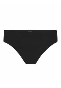 Čierne bikini spodky s hladkou textúrou tkaniny, vysokým strihom a minimálnym logom. Majú pohodlný pás a bezšvové okraje.