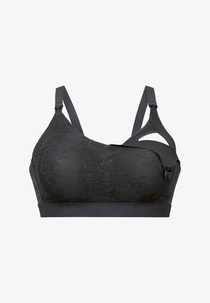 Svart blonde bh med strukturerte overflater, justerbare stropper og en unik trykknapplukking på den ene siden. Enkel design, sømløs underdel.