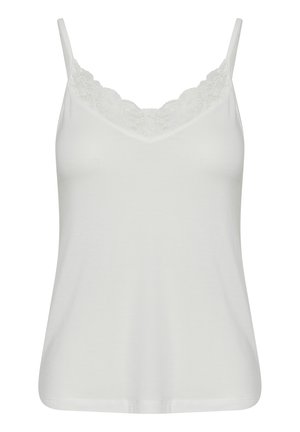 Bílá tílko s tenkými ramínky, zdobené krajkovým lemem kolem výstřihu do V. Vyrobeno z měkké, elastické tkaniny; přiléhavý střih.