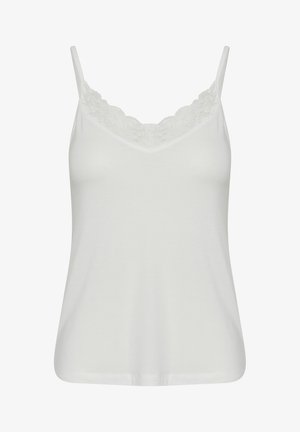 Vit linne med tunna axelband, med en spetskant längs V-ringningen. Tillverkad av mjukt, stretchy tyg; åtsittande design.