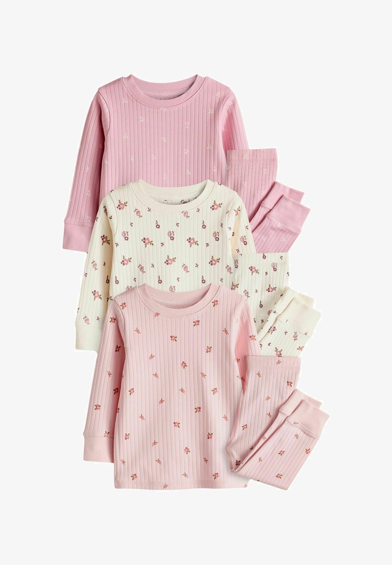 Bērnu pidžamu komplekts, kas sastāv no divām garām piedurknēm un biksēm. Krāsas ietver rozā un krēmīgu ar ziedu rakstiem un ribotu tekstūru.