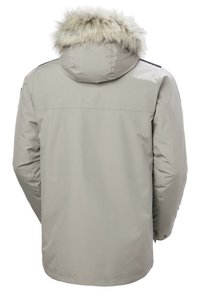 Grijze geïsoleerde jas met een afneembare capuchon van nepbont, elastische manchetten en onderscheidende naaddetails. Geschikt voor koud weer.