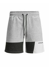 Šedé sportovní šortky s černobílým blokovým designem, elastickým pasem se šňůrkou a logem na dolní levé straně.