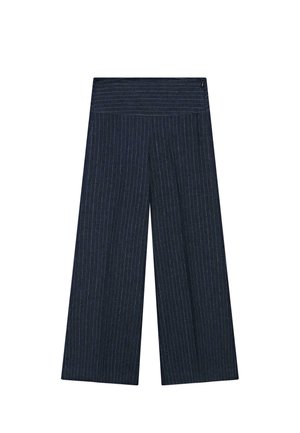 Pantaloni a gamba larga blu navy con sottili righe verticali bianche e una vita alta con righe orizzontali.