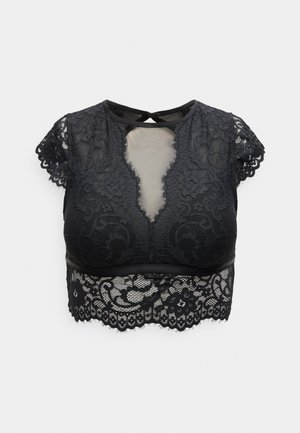 Zwart kanten cropped top met korte mouwen, voorzien van bloemenpatronen, een transparant paneel aan de voorkant en een gegolfde kanten zoom.