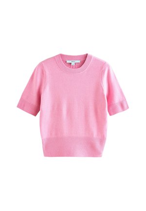 Maglione a maniche corte, con scollo rotondo, in morbido tessuto rosa con polsini e orlo a coste. Realizzato in un materiale leggero, presenta una texture liscia.