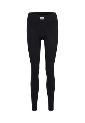 Schwarze, gerippte Leggings in voller Länge mit hohem Bund und kleinem weißem rechteckigem Markenpatch mittig vorne am Bund.