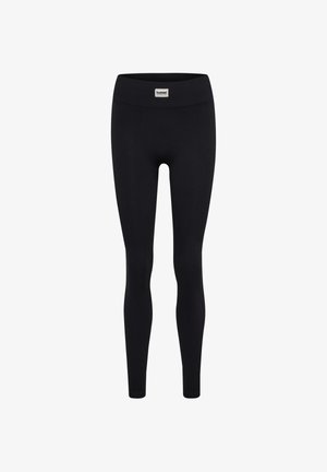 Schwarze, gerippte Leggings in voller Länge mit hohem Bund und kleinem weißem rechteckigem Markenpatch mittig vorne am Bund.